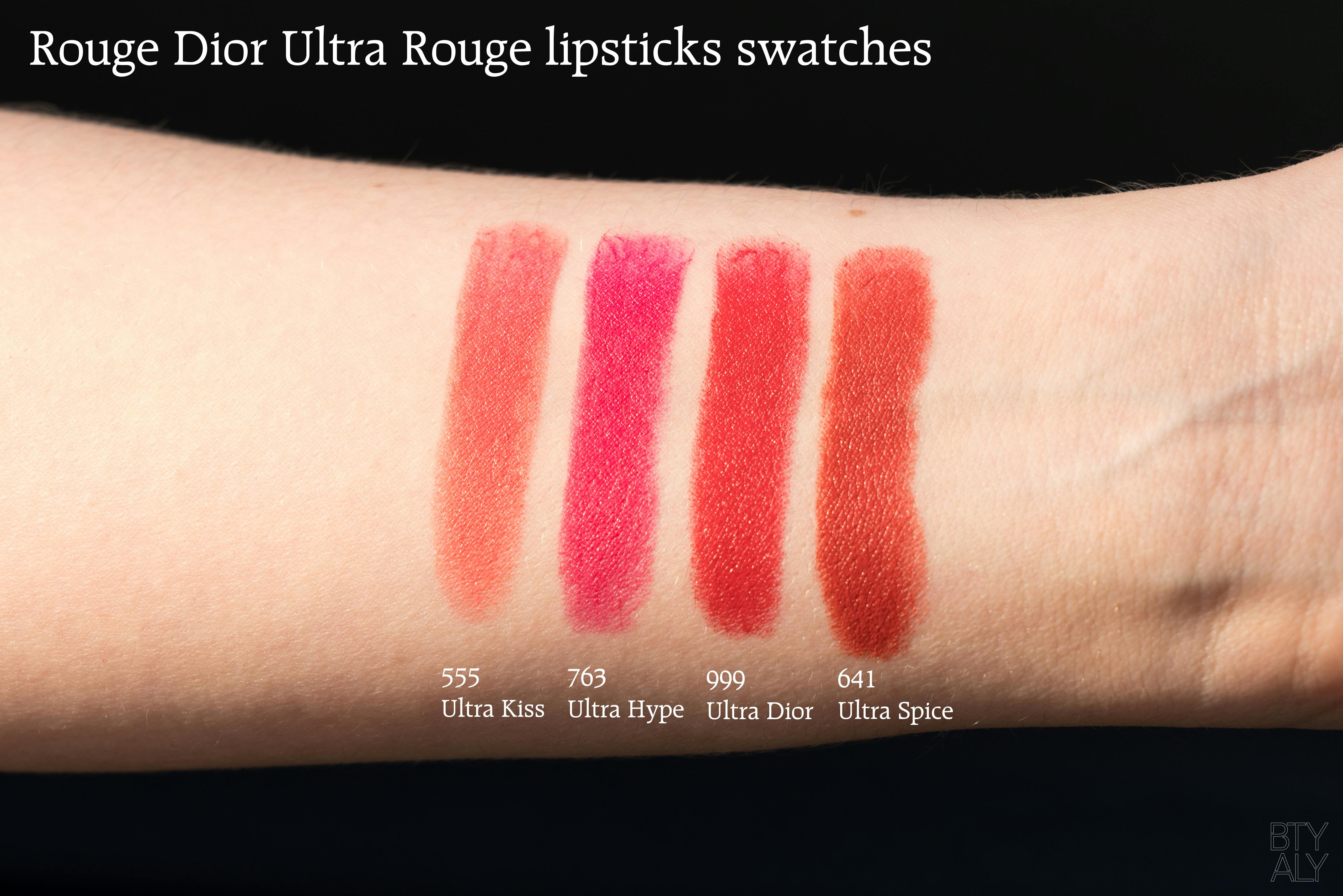 Swatches des rouges à lèvres Rouge Dior Ultra Rouge 555, 641, 763, 999
